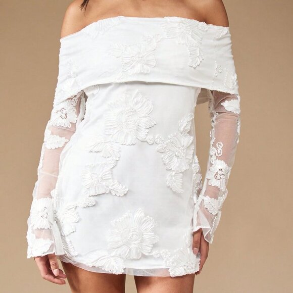 White Elegant Womens Embroidered Off Shoulder Long Sleeve Mini Bardot Dress - Picture 7 of 7